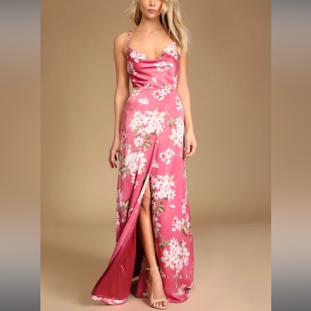 NWT Lulus Love of Romance Pink Floral Print Satin Cowl Neck Maxi Dress